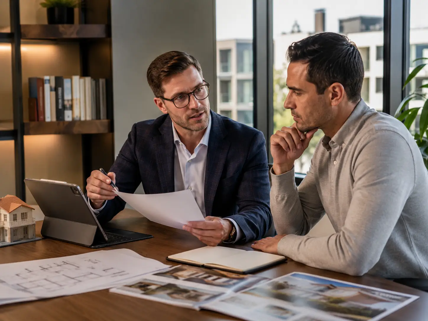 Broker and borrower discussing private lending options for an investment property