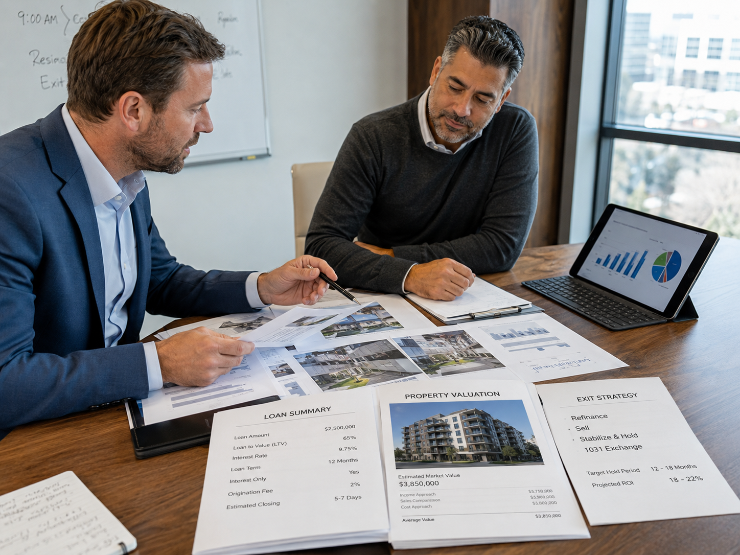 Commercial broker and investor reviewing a real estate loan scenario