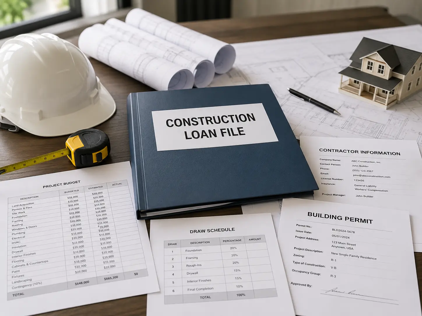 Construction loan documents with plans permits budget and draw schedule