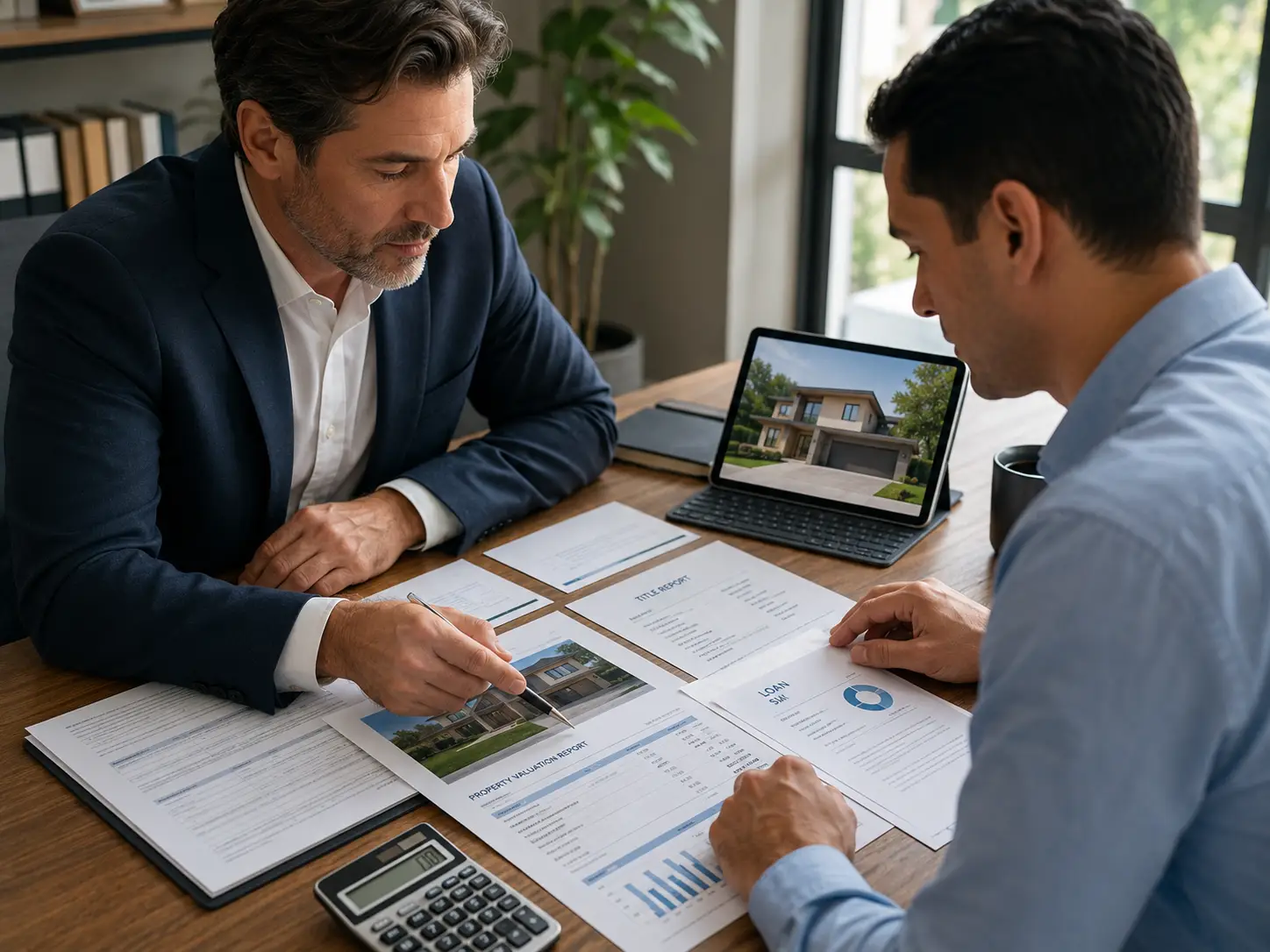 Real estate investor reviewing property and loan documents for private lending