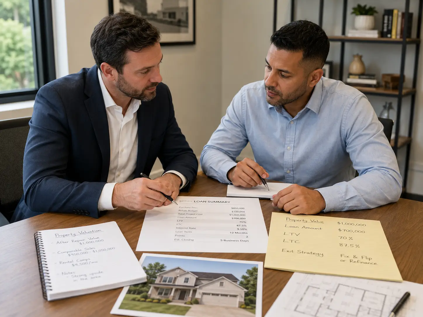 Investor and broker reviewing a private lending loan scenario