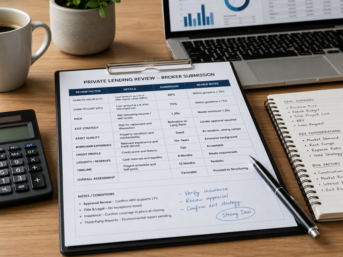 Private lending review factors for a broker loan submission